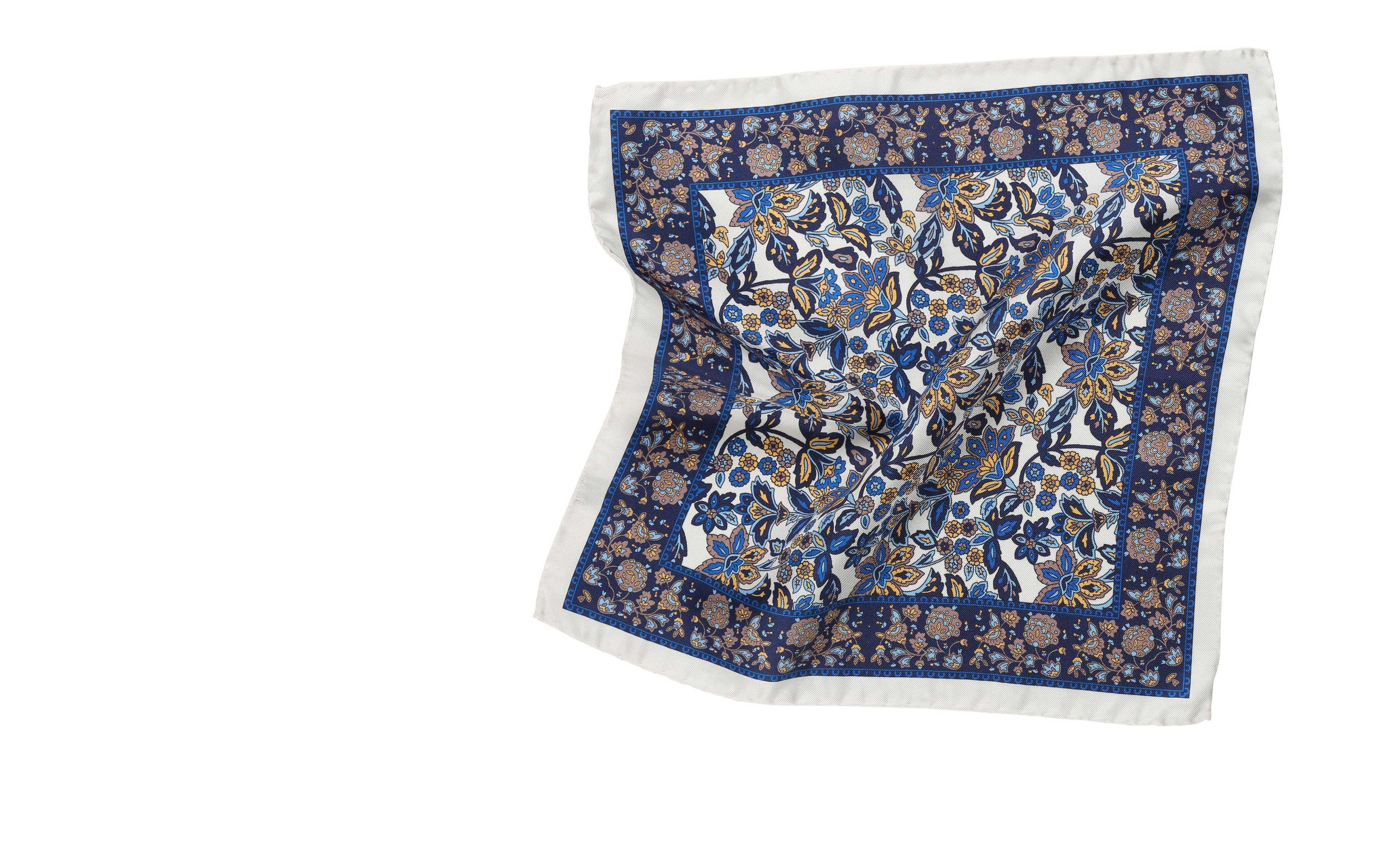 White & Navy Floral Italian 100% Silk Pocket Square