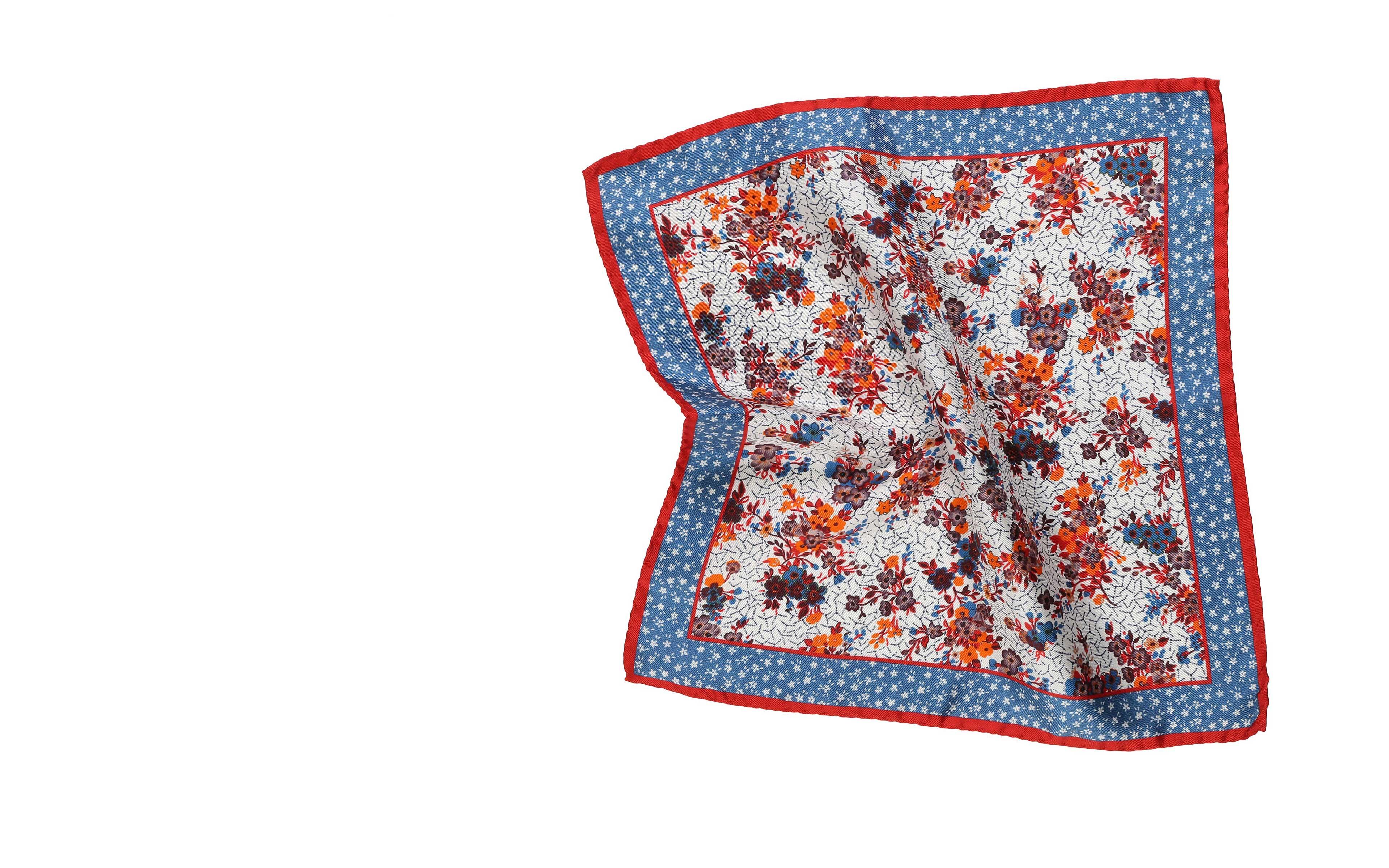 Red, Blue and Orange Flower Italian 100% Silk Pocket Square