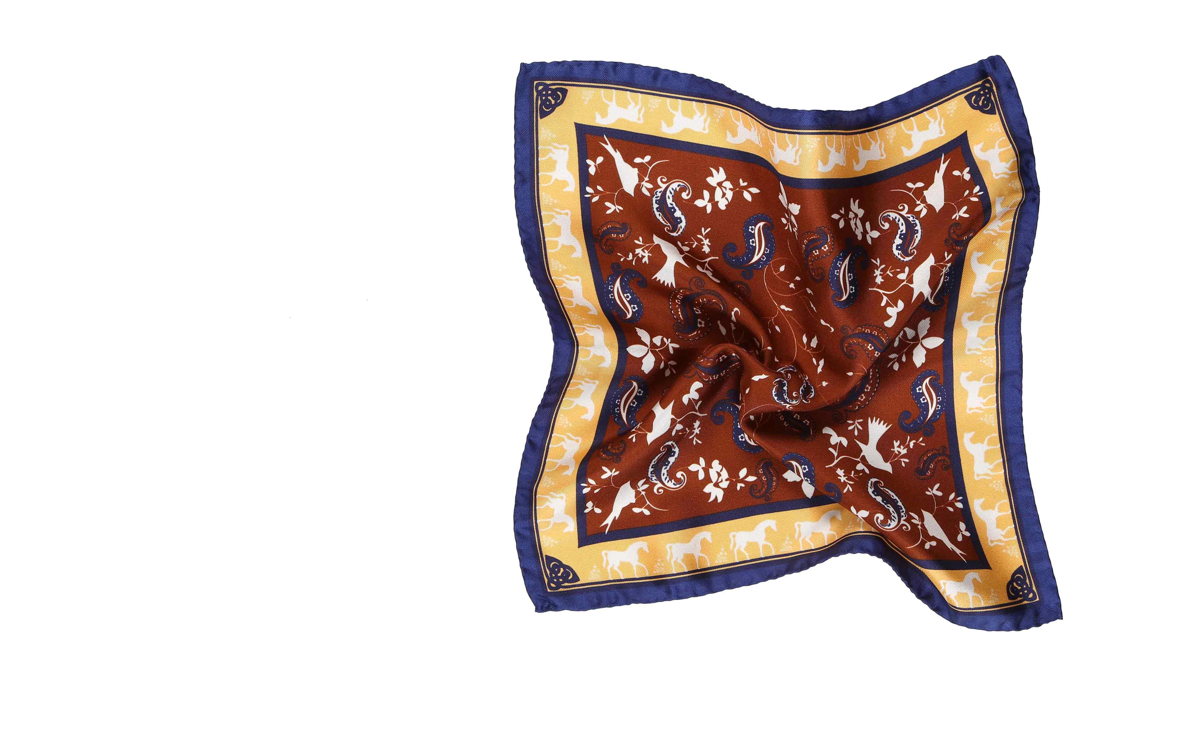 Gold & Chocolate Brown Patterned Italian 100% Silk Pocket Square