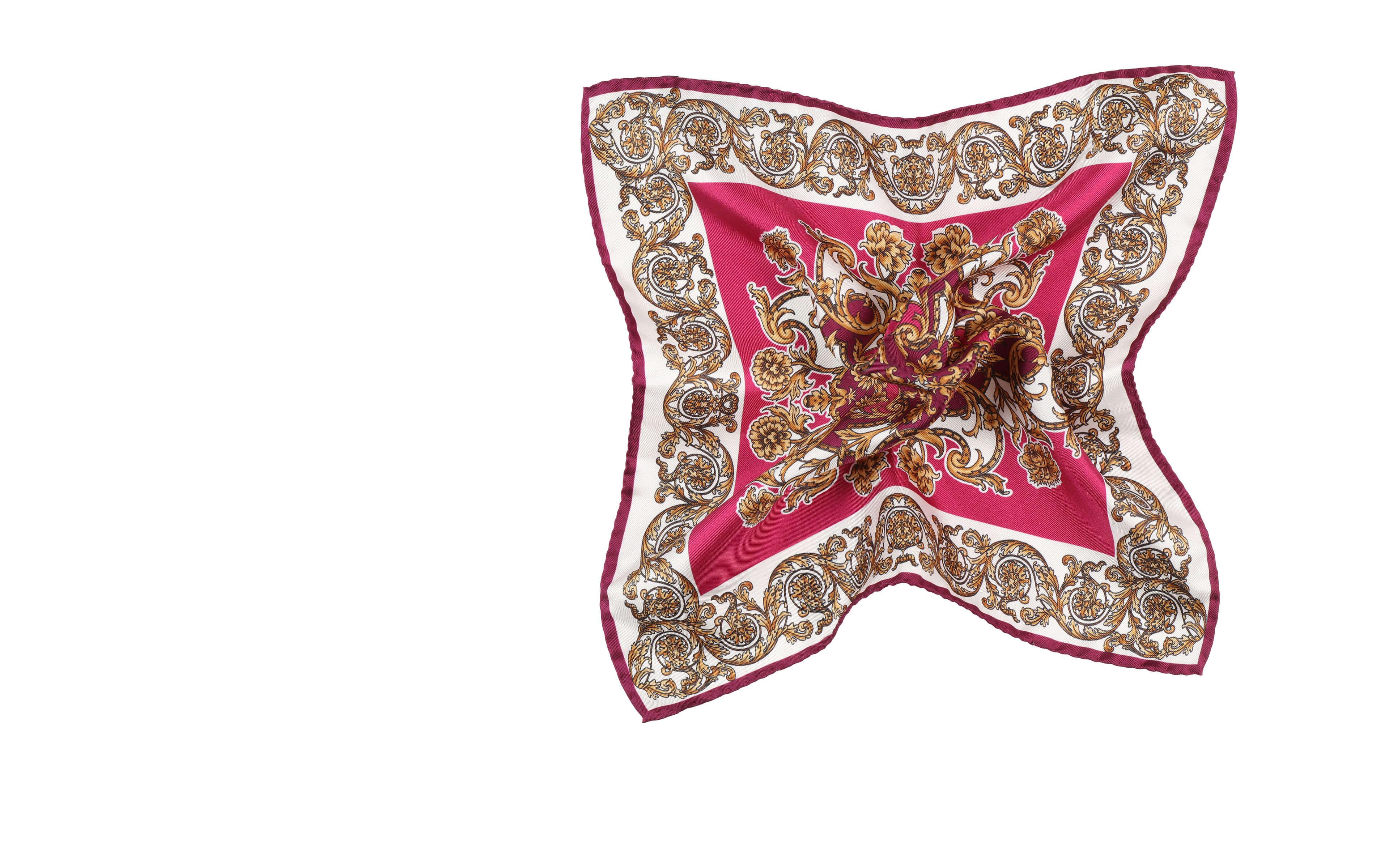 Fuchsia and Gold Patterned Italian 100% Silk Pocket Square