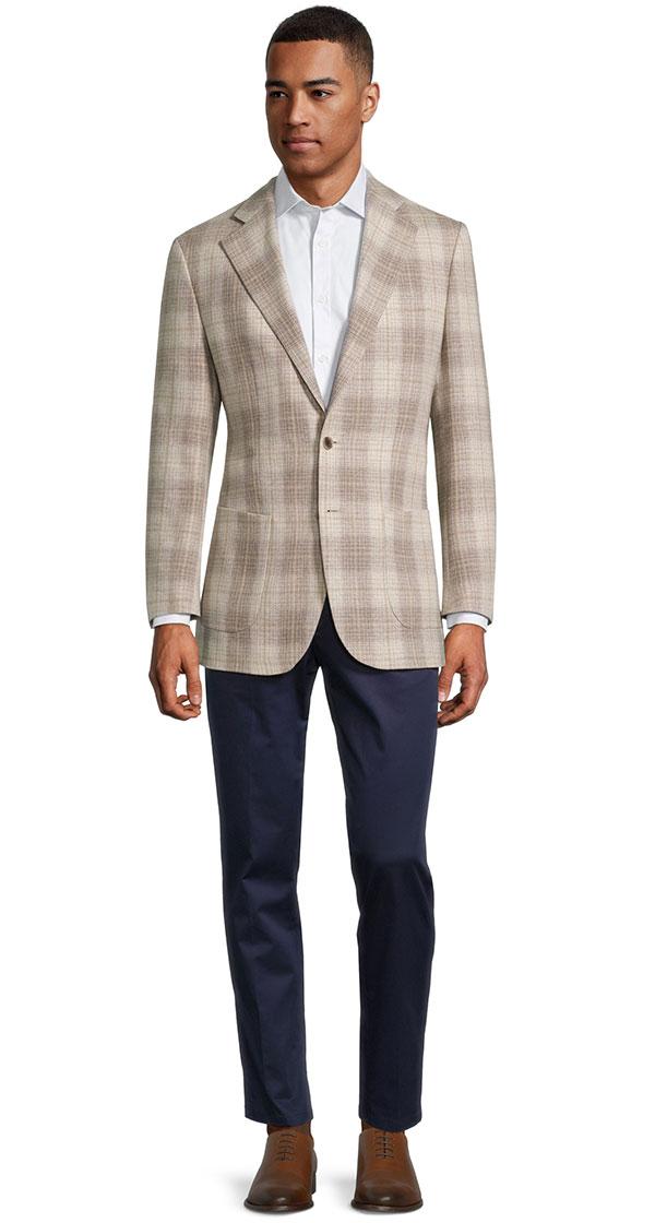 Beige Plaid Wool Silk & Acetate Blazer