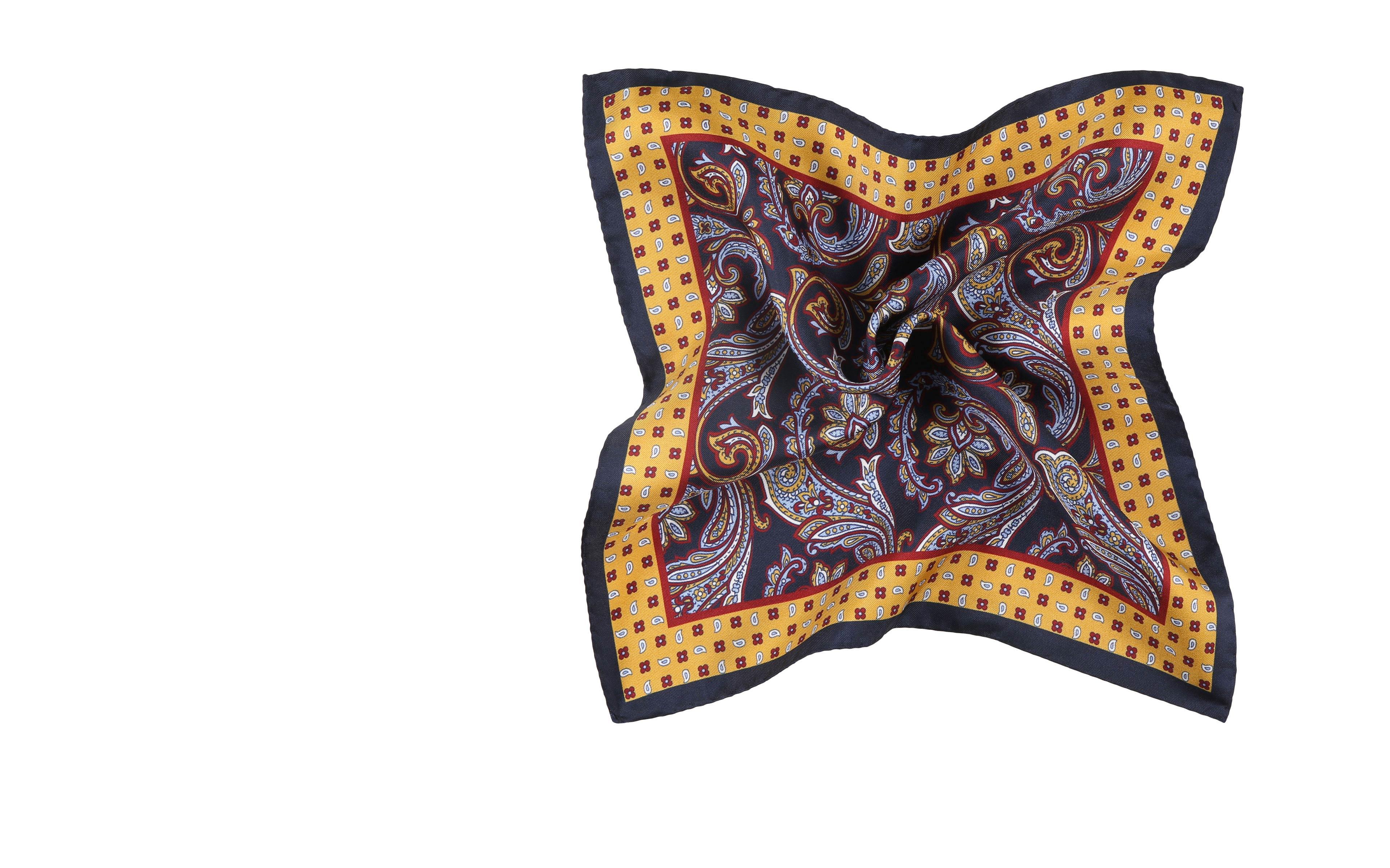 Gold & Navy Patterned Italian 100% Silk Pocket Square