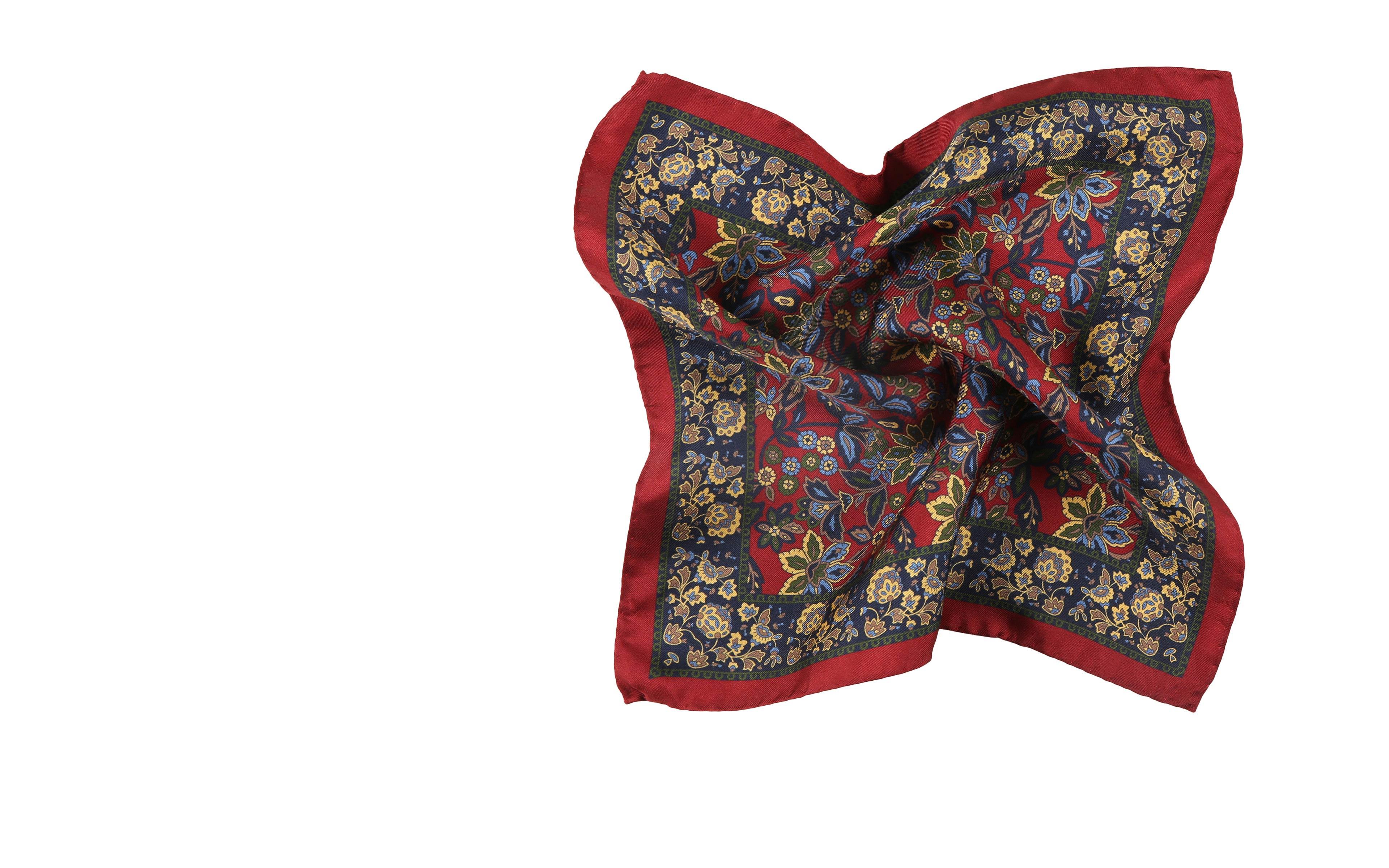 Dark Red Floral Italian 100% Silk Pocket Square