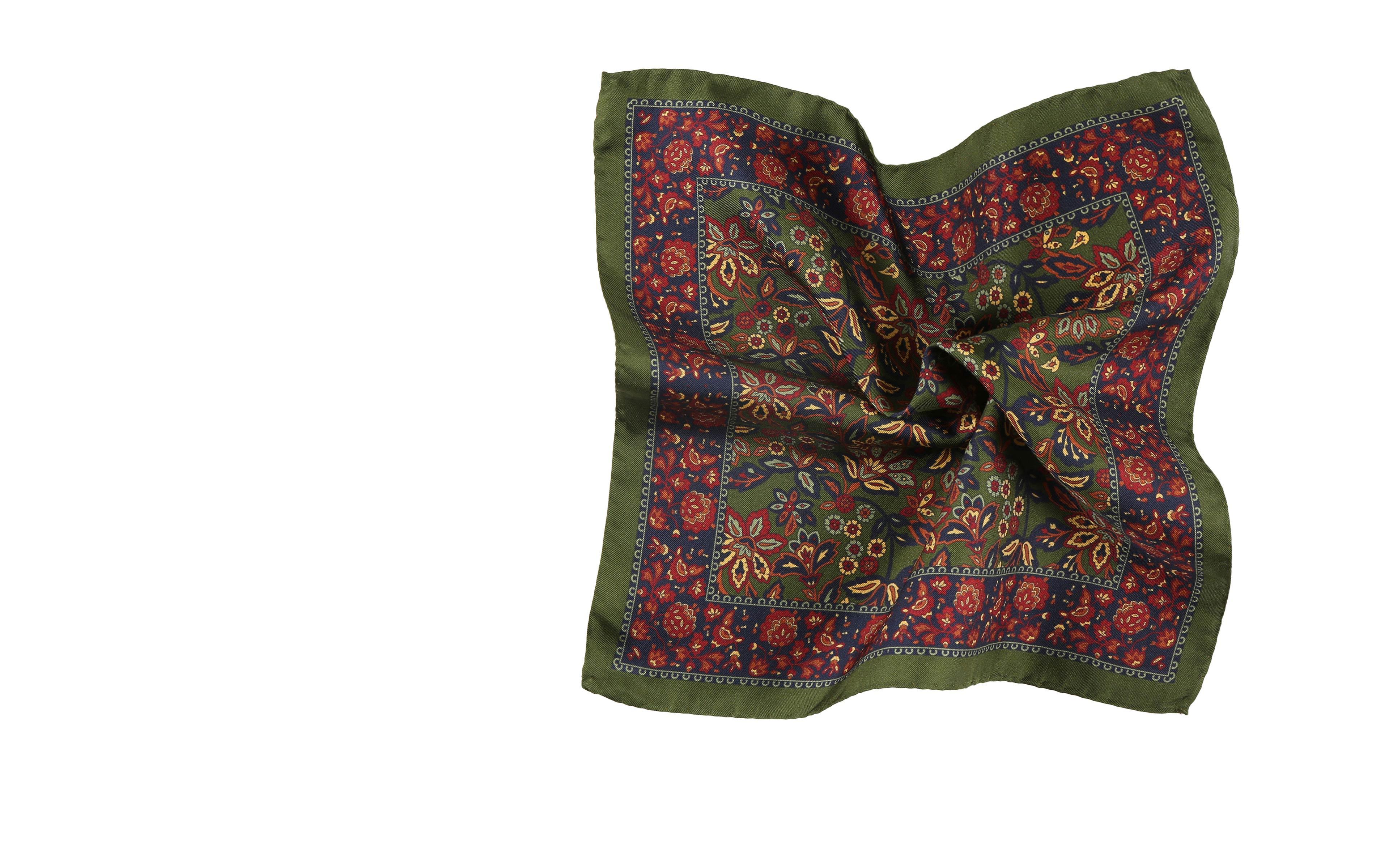 Olive Green Floral Italian 100% Silk Pocket Square