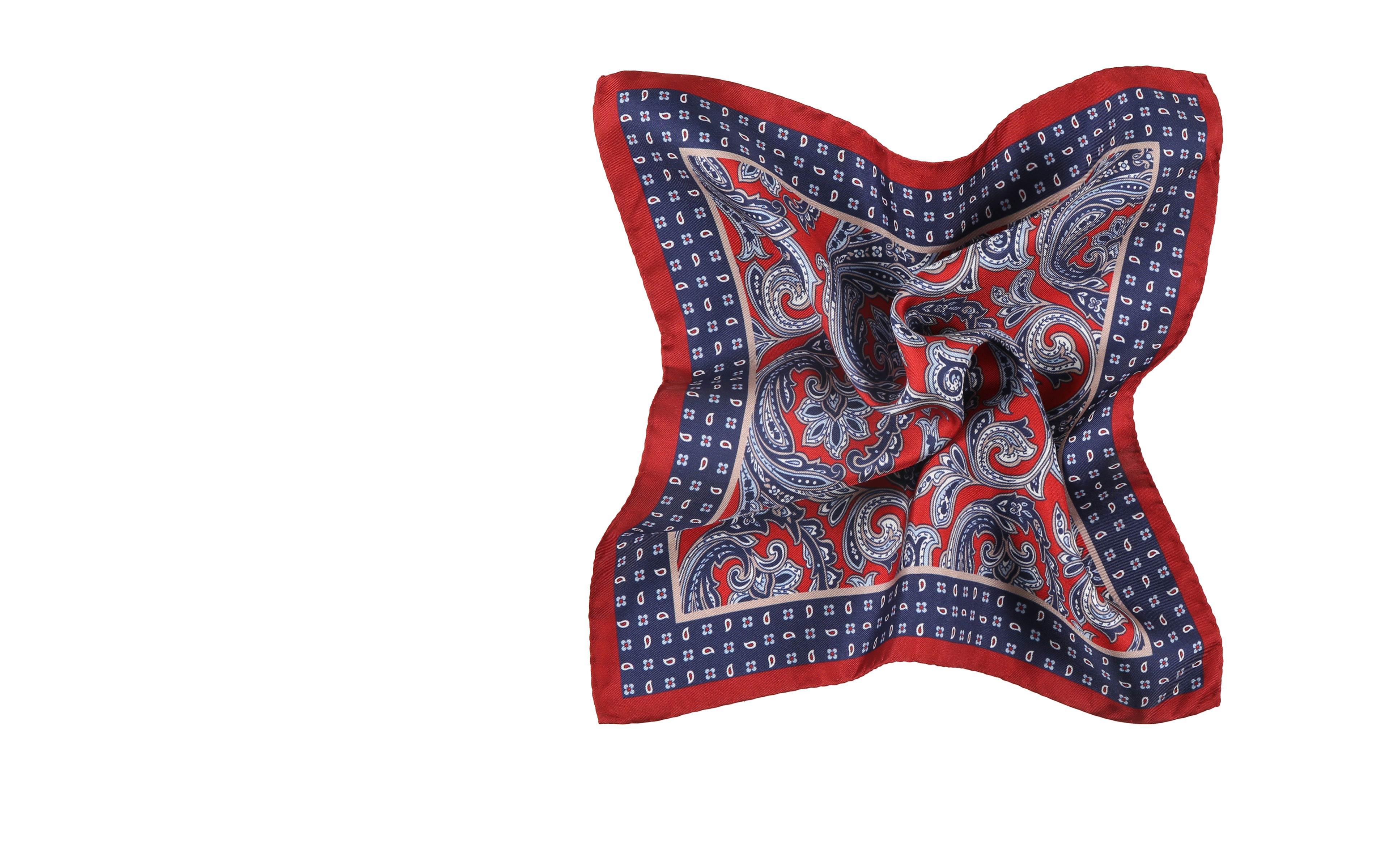 Lava Red & Blue Patterned Italian 100% Silk Pocket Square