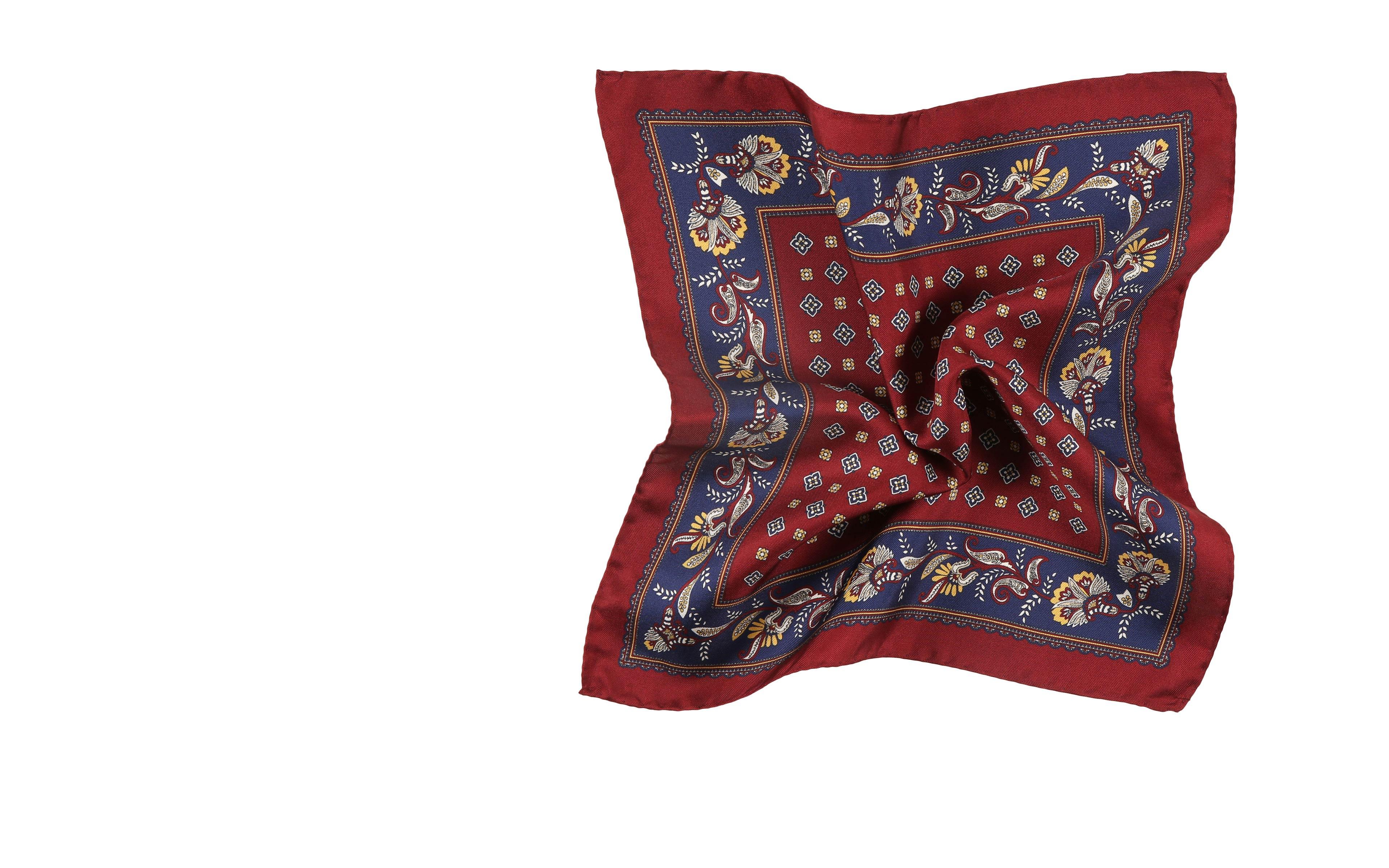 Ruby Red & Navy Floral Patterned Italian 100% Silk Pocket Square