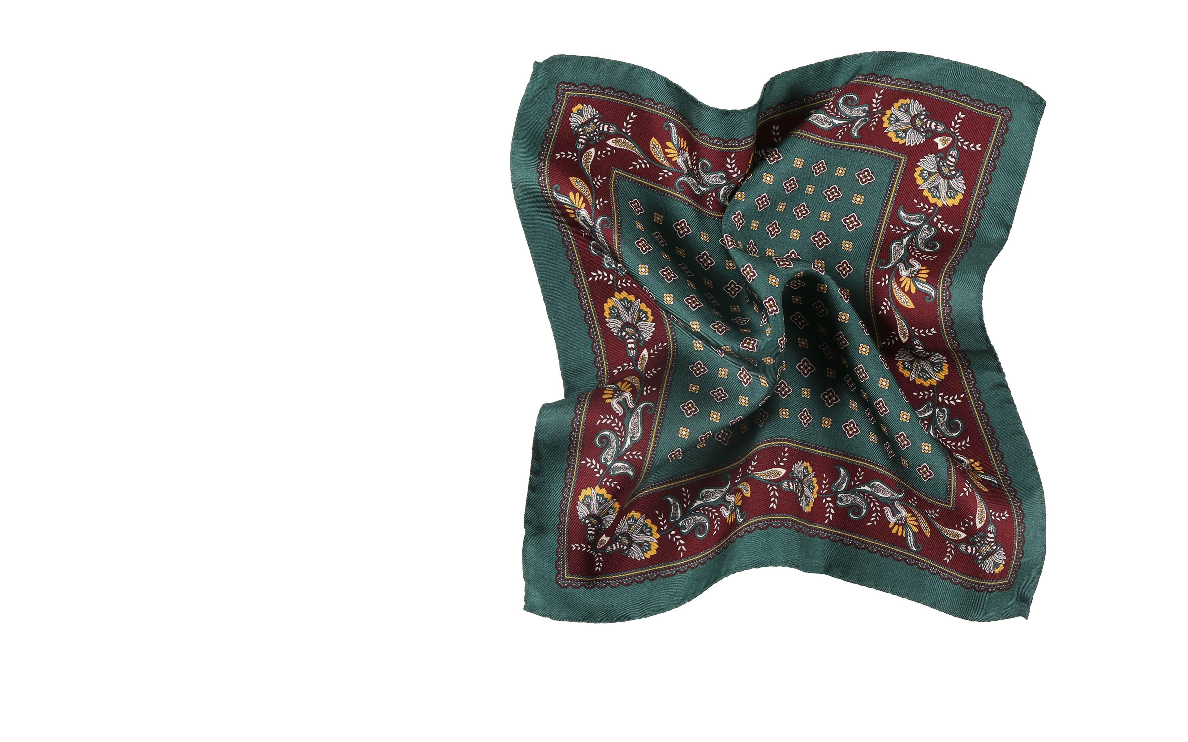 Green & Wine Red Floral Patterned Italian 100% Silk Pocket Square