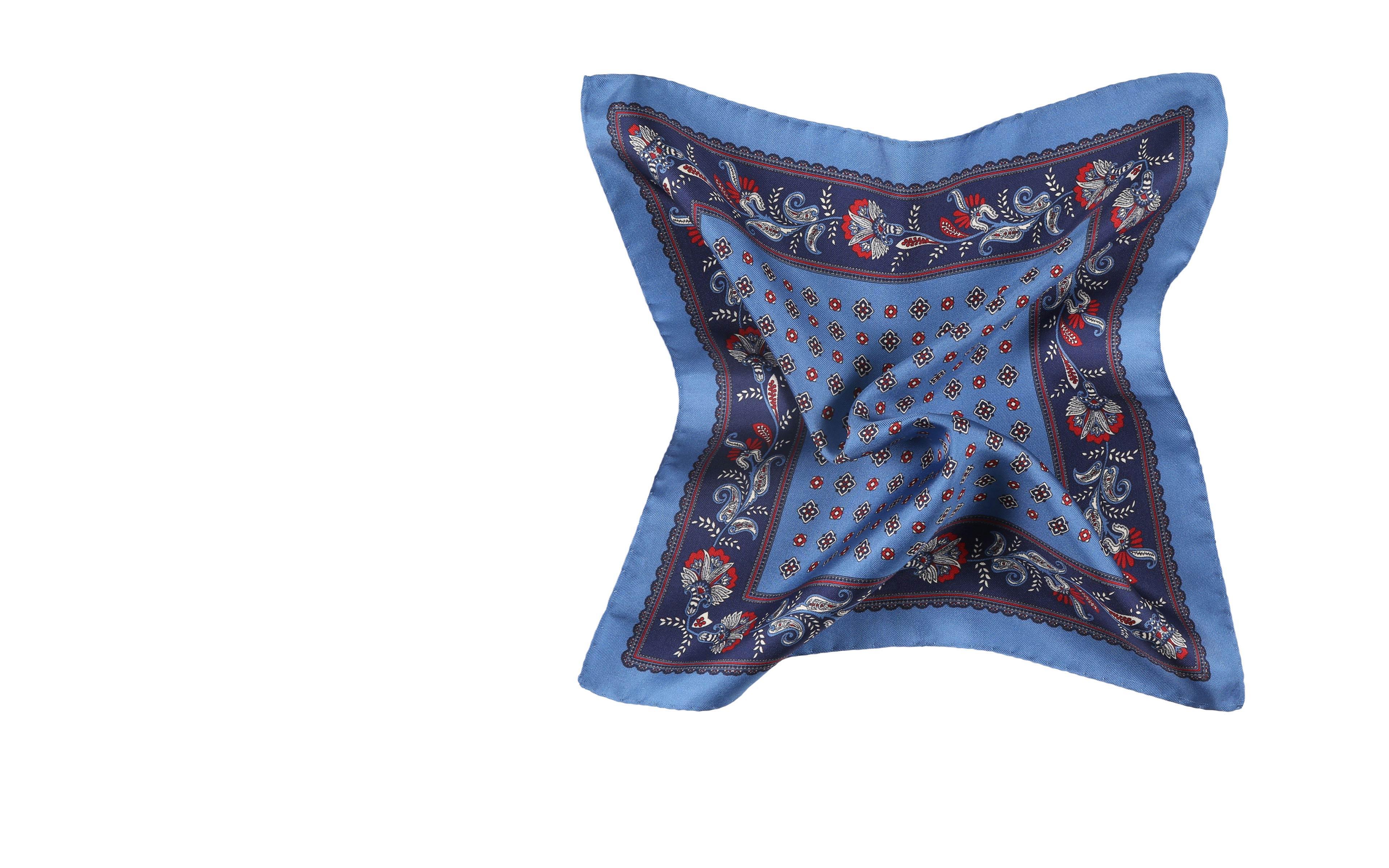 Sky Blue & Navy Floral Patterned Italian 100% Silk Pocket Square