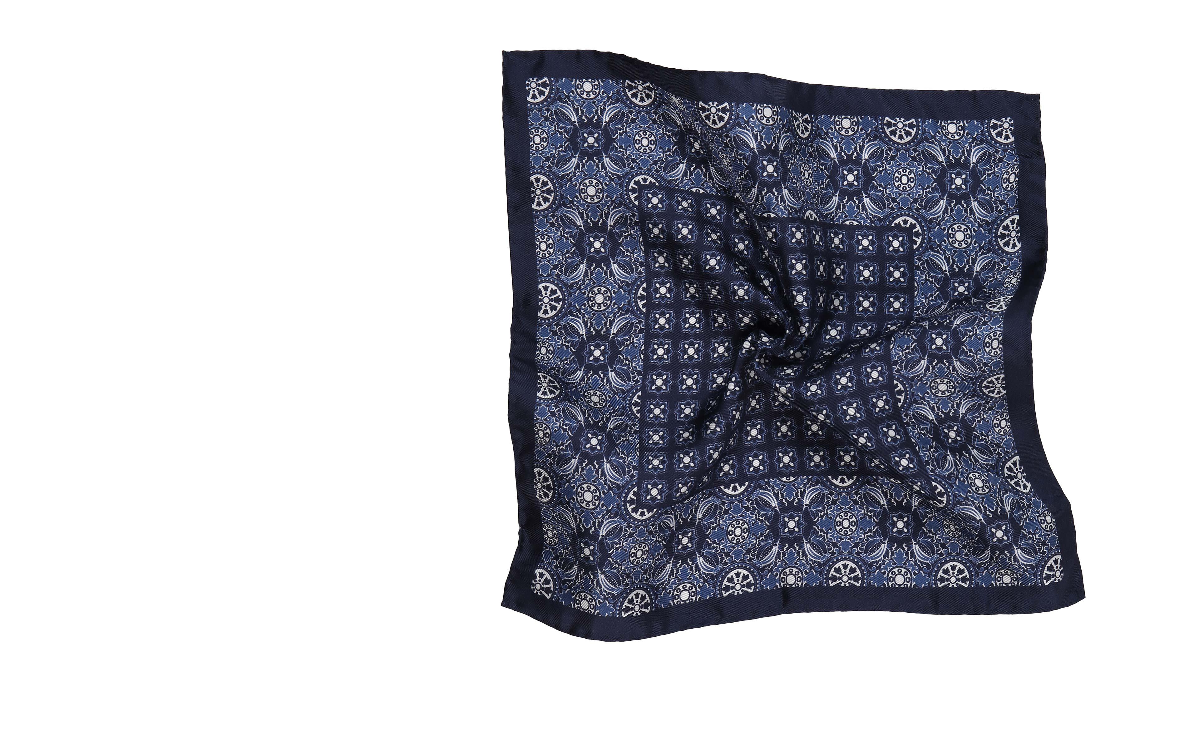 Navy & White Patterned 100% Silk Pocket Square