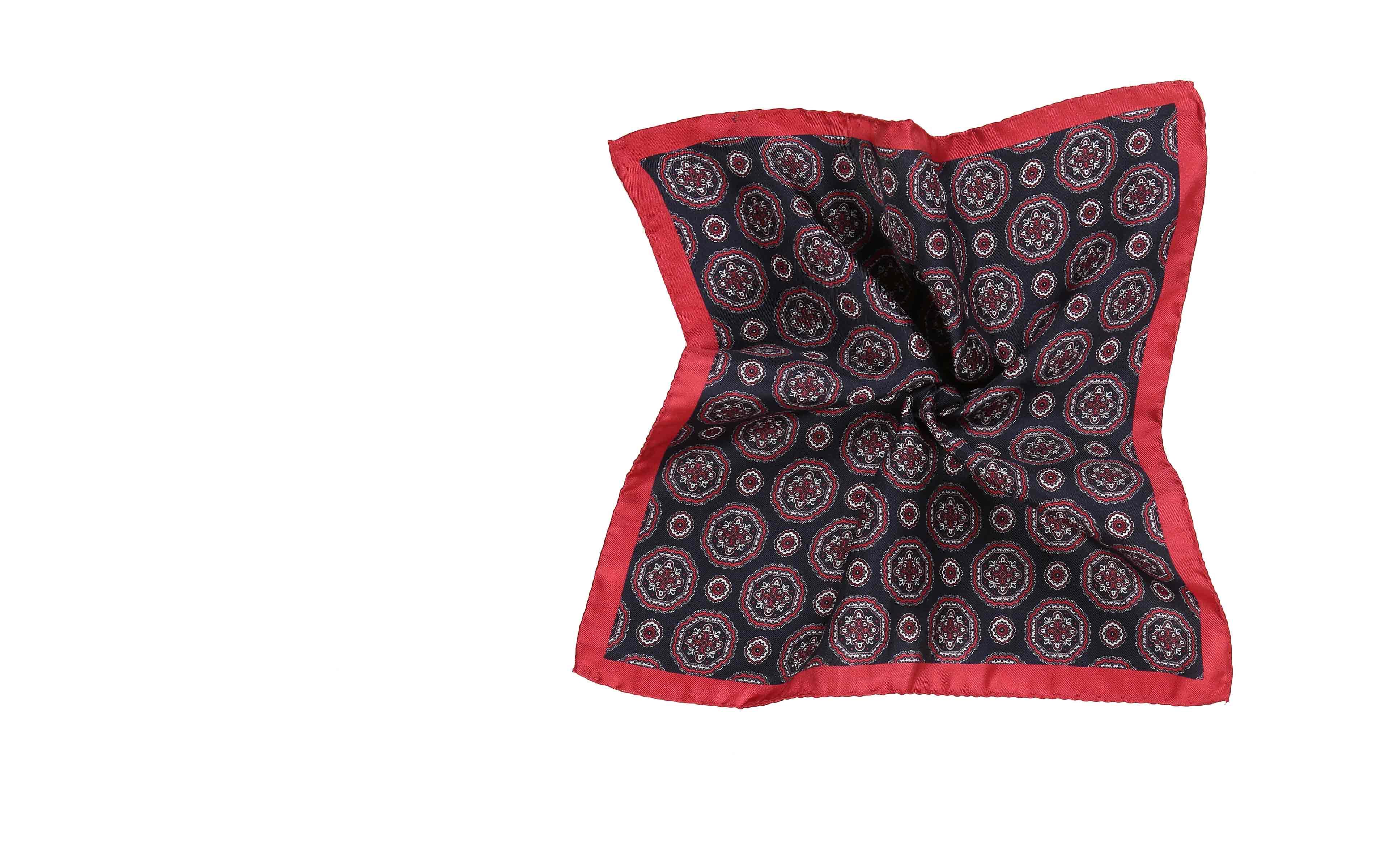 Navy 100% Silk Pocket Square with Red Shapes