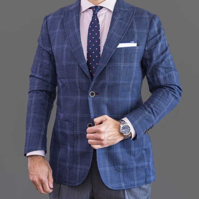 a blue patterned suit jacket