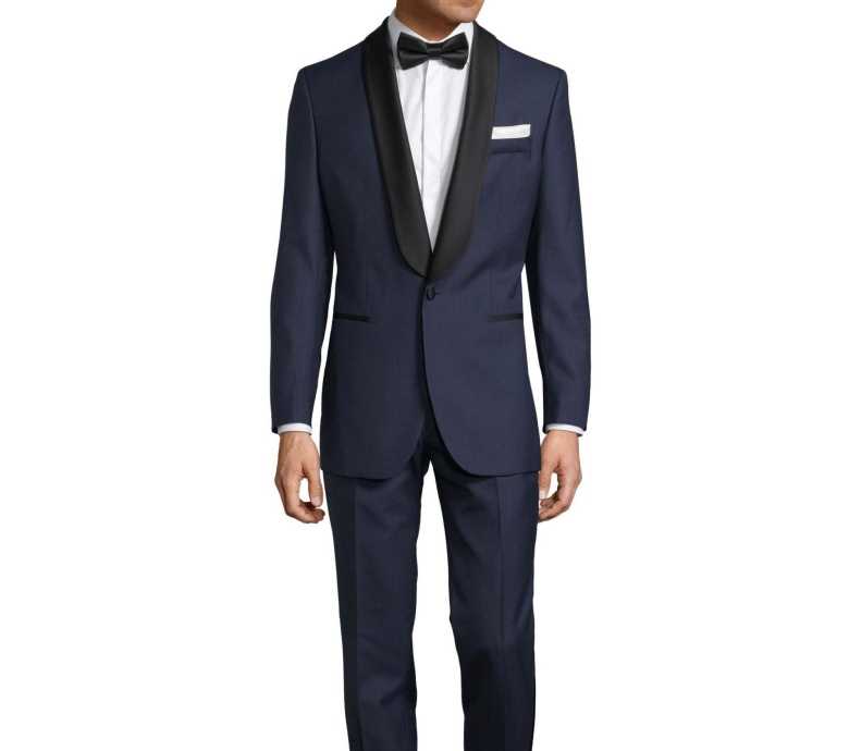 A blue sharkskin tuxedo by Oliver Wicks