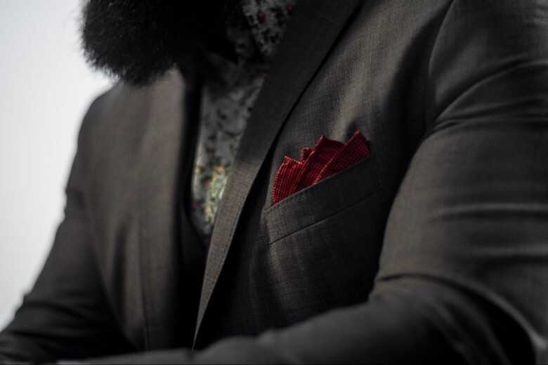 Dark Grey Jacket with Burgundy Pocket Square