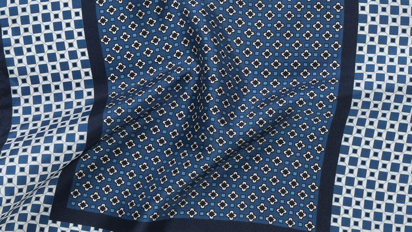 Navy & White Italian 100% Silk Pocket Square - slider image 