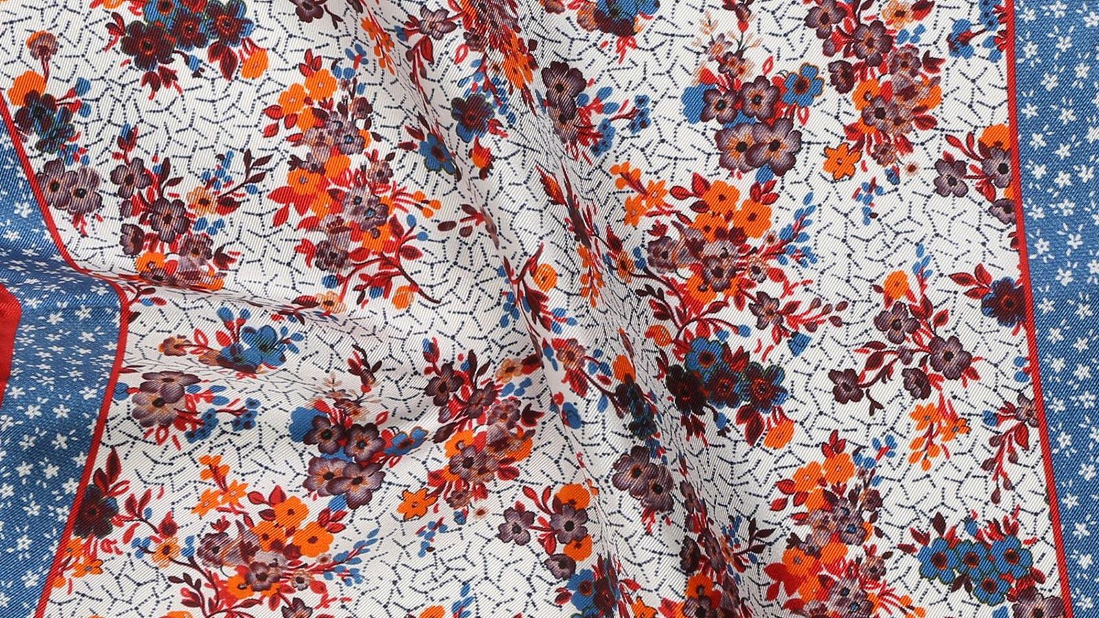 Red, Blue and Orange Flower Italian 100% Silk Pocket Square - slider image 