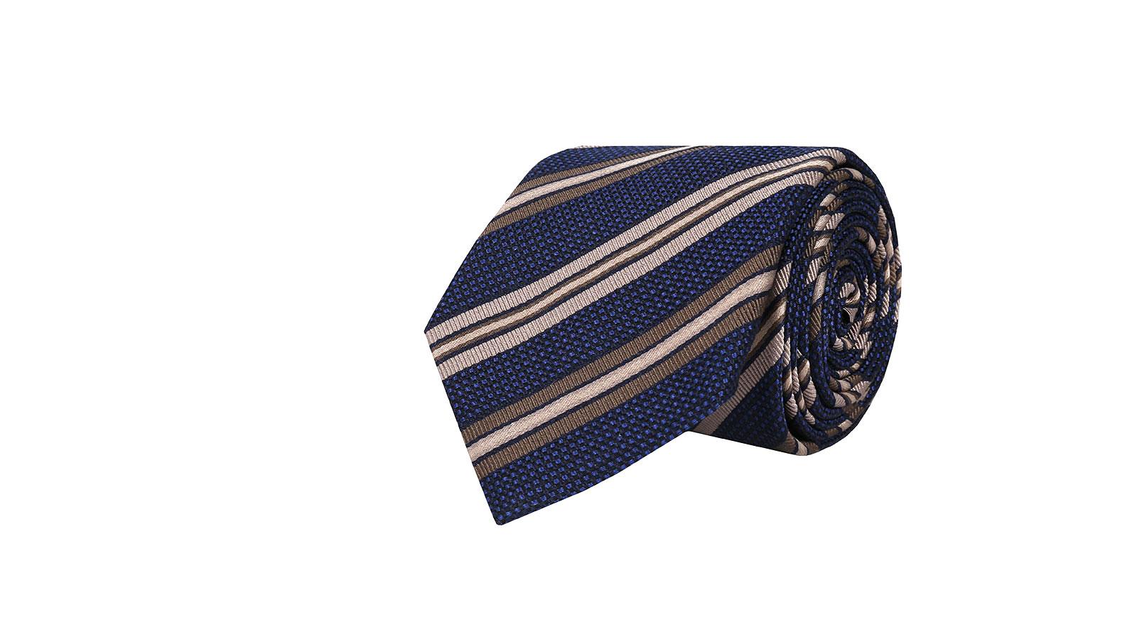 Dark Navy & Beige Striped Silk-Cotton Tie - slider image 