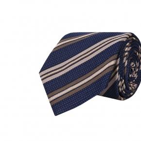 Dark Navy & Beige Striped Silk-Cotton Tie - thumbnail image 1