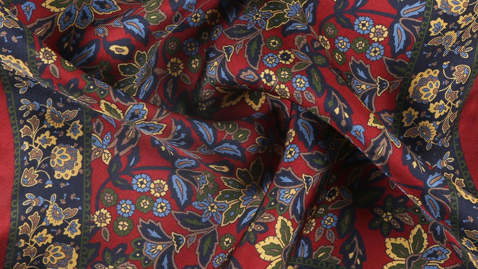 Dark Red Floral Italian 100% Silk Pocket Square - slider image 