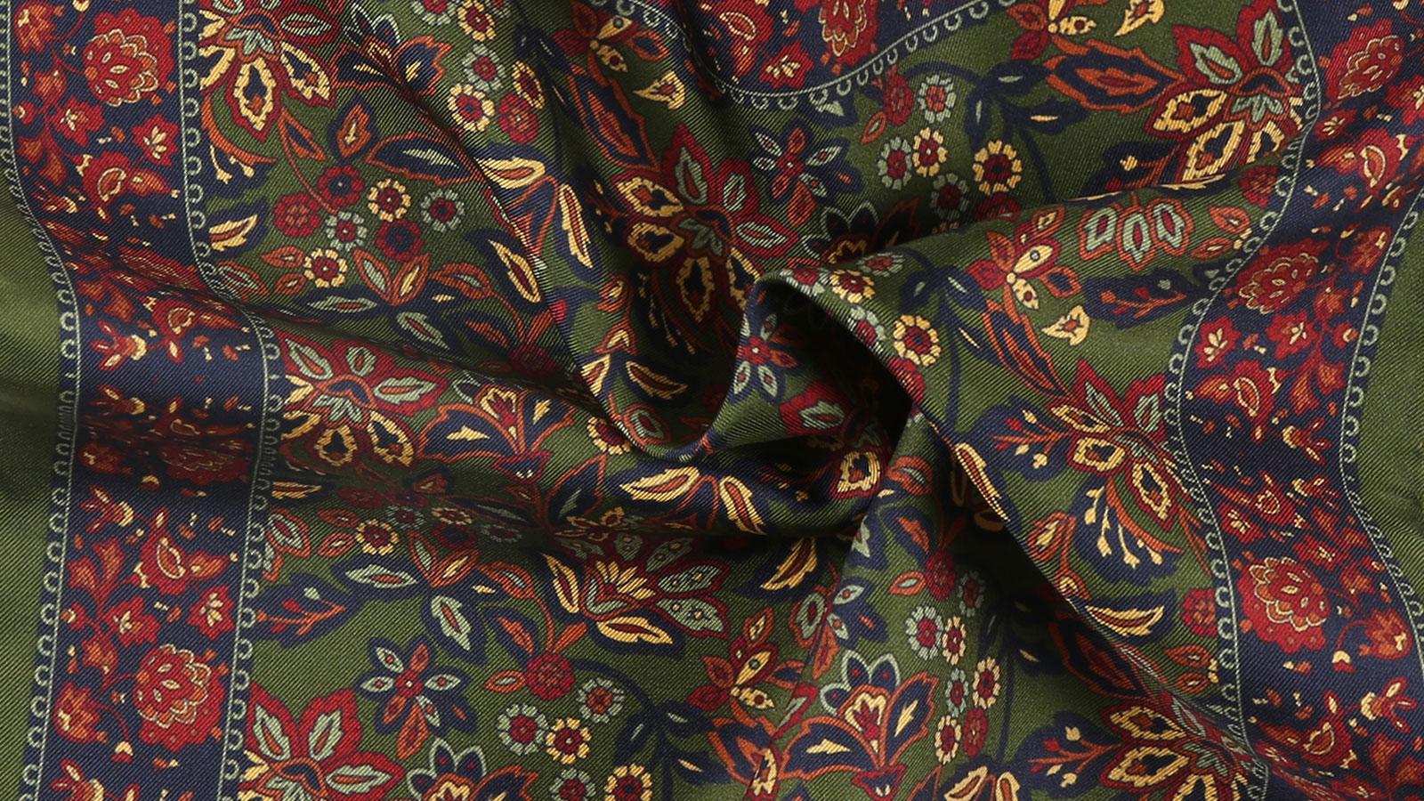 Olive Green Floral Italian 100% Silk Pocket Square - slider image 