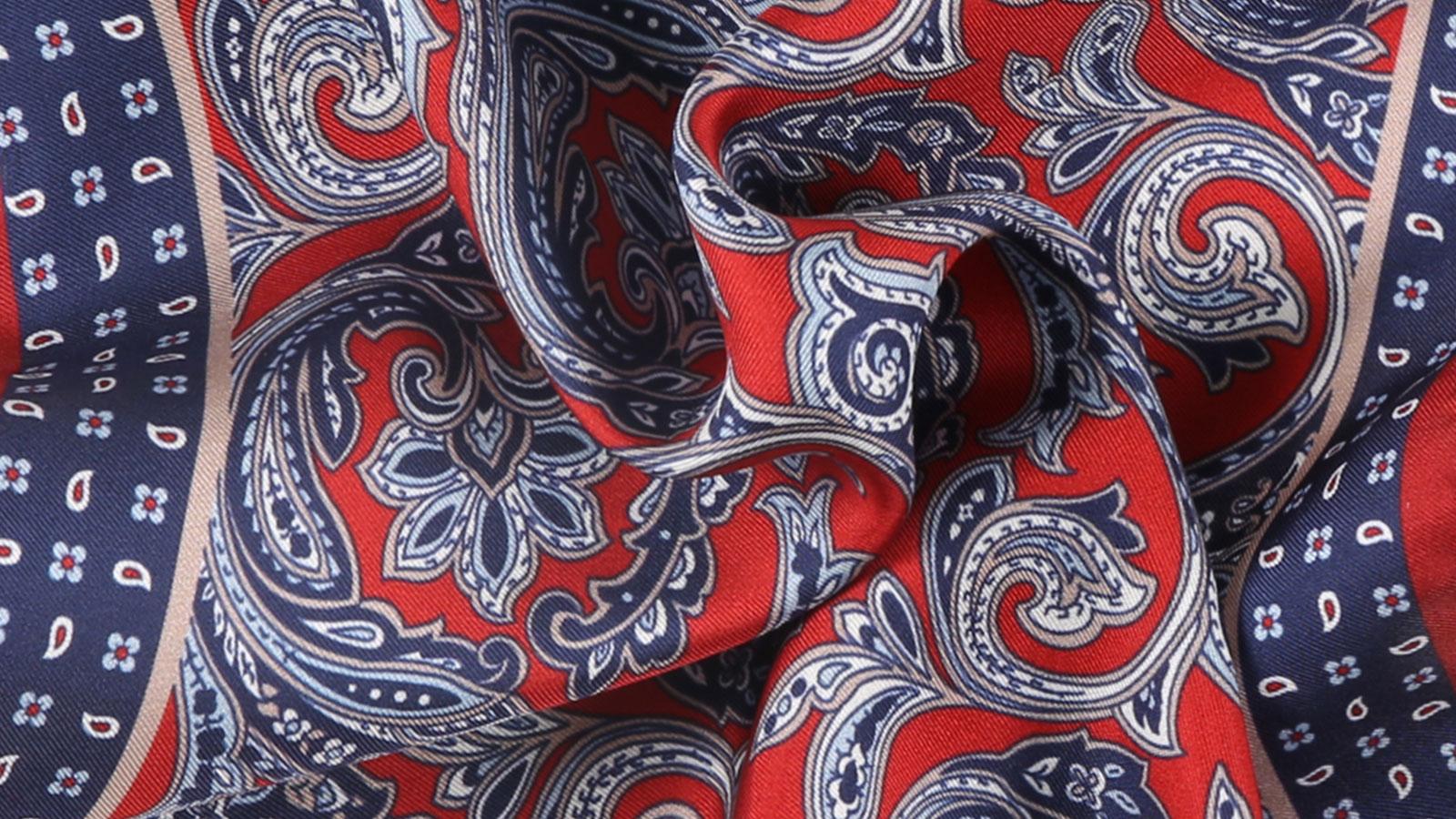 Lava Red & Blue Patterned Italian 100% Silk Pocket Square - slider image 