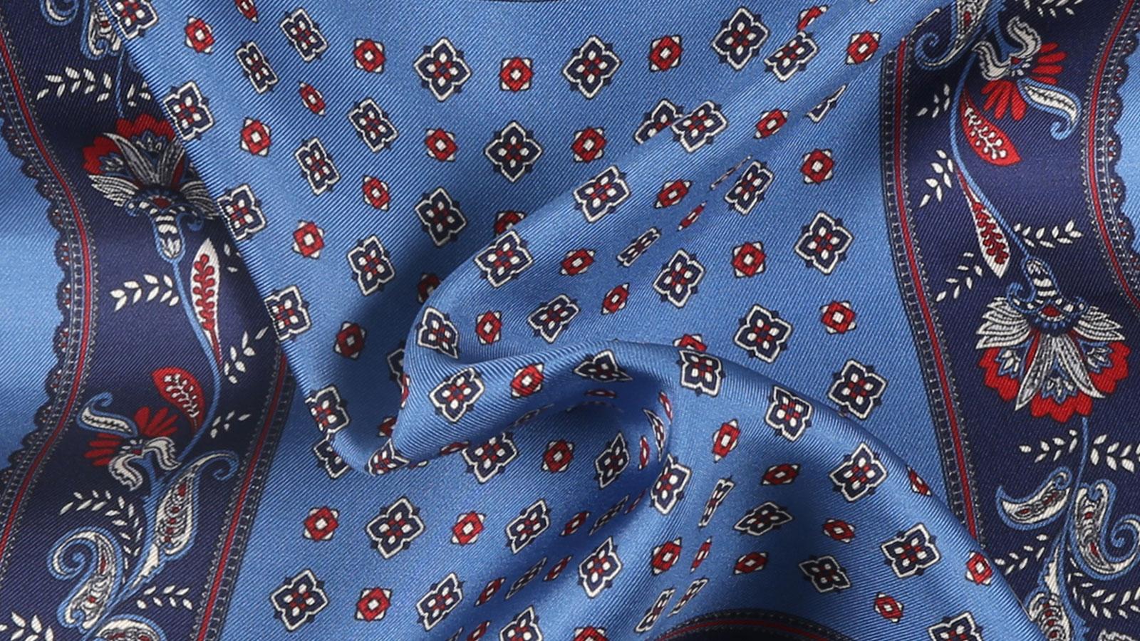 Sky Blue & Navy Floral Patterned Italian 100% Silk Pocket Square - slider image 