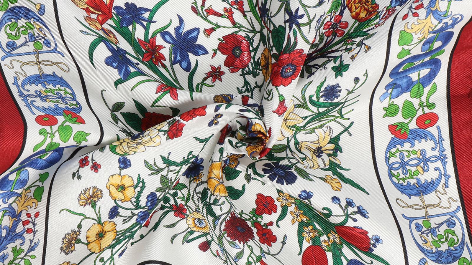 Red, Navy & White Floral Vintage Italian 100% Silk Pocket Square - slider image 