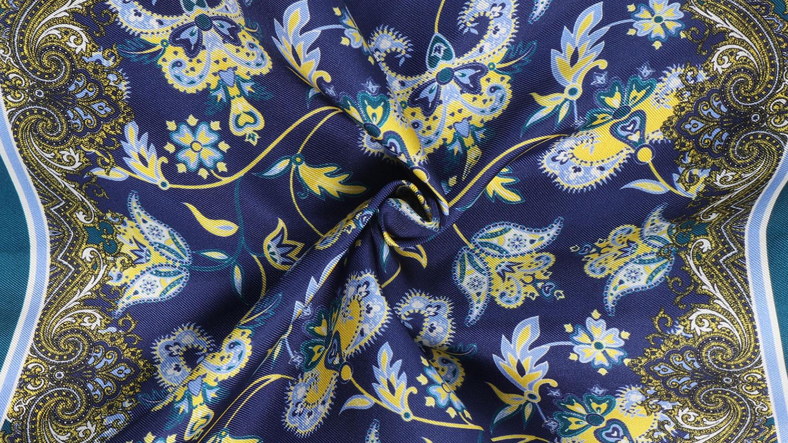 Petrol Green & Yellow Floral Italian 100% Silk Pocket Square - slider image 