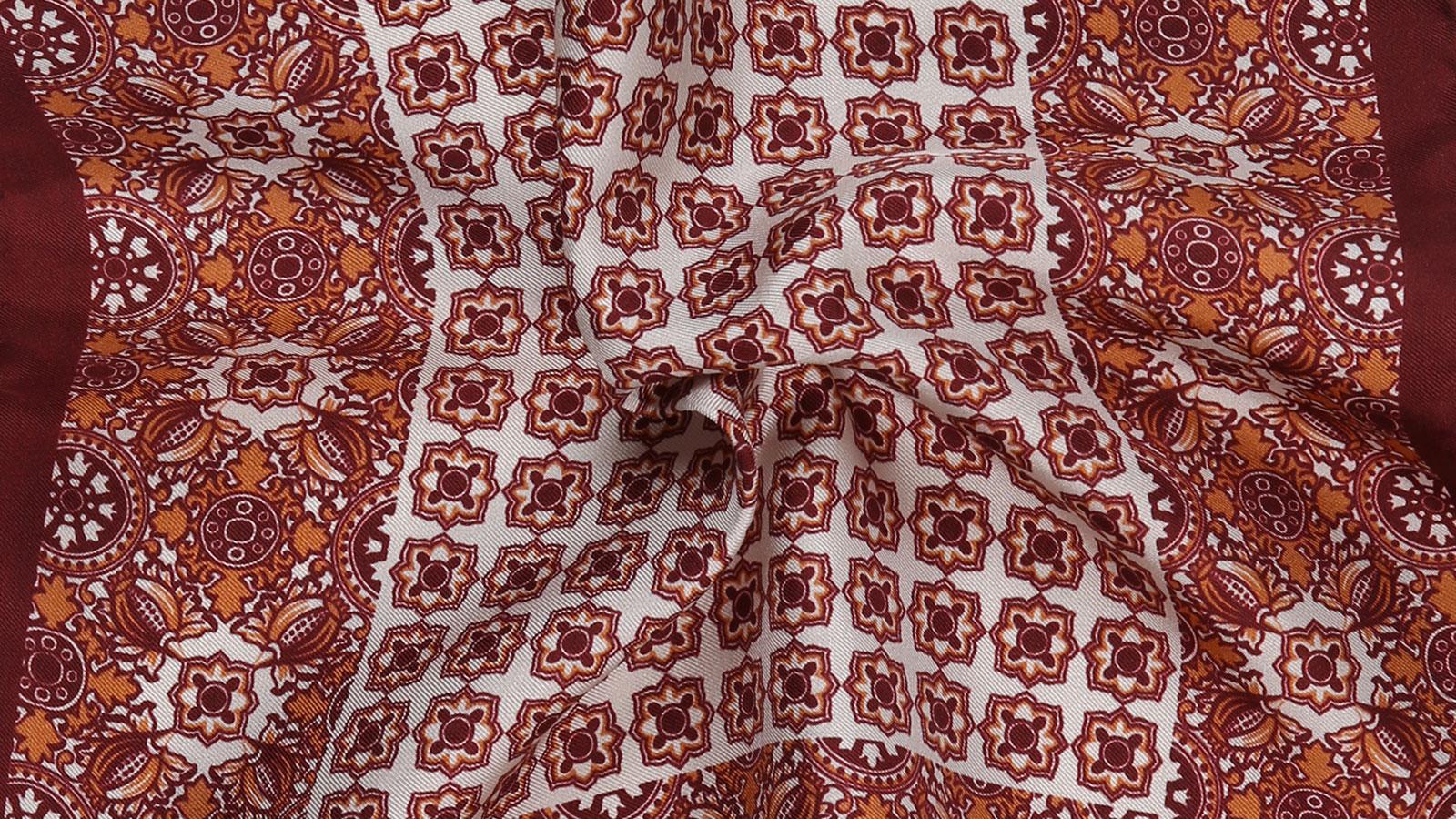 Copper & Red Patterned 100% Silk Pocket Square - slider image 1