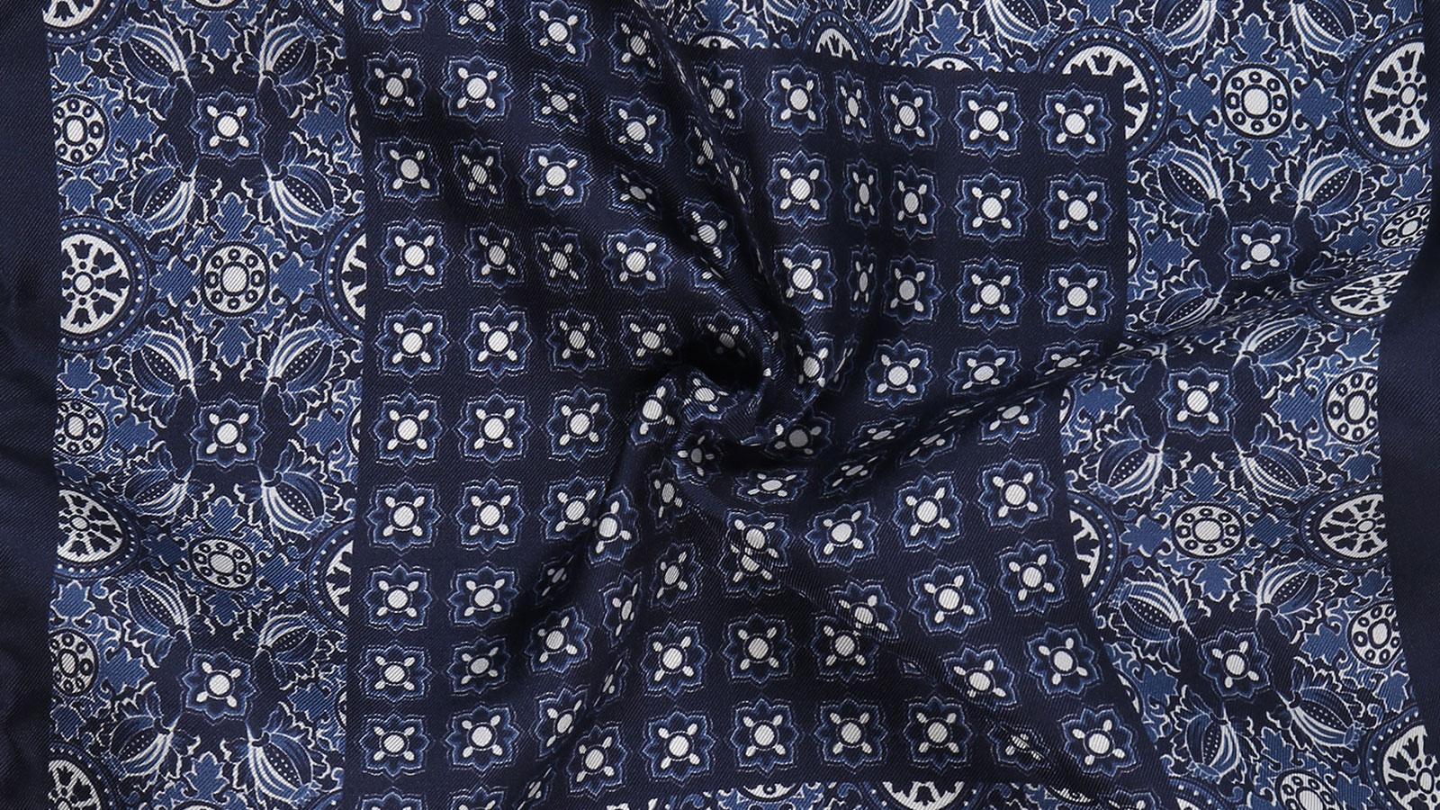 Navy & White Patterned 100% Silk Pocket Square  - slider image 1