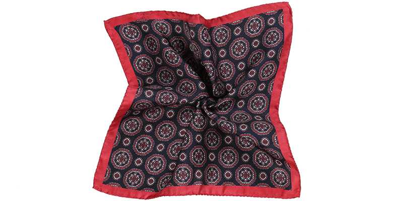 Navy 100% Silk Pocket Square with Red Shapes