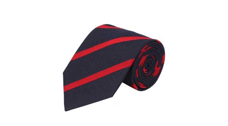 Lava red striped navy silk tie by Oliver Wicks