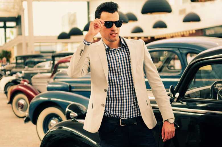 Man in a White Suit Jacket with a Checkered Shirt and Sunglasses