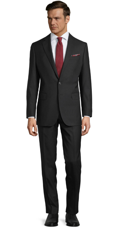 a suit in solid black wool by Oliver Wicks