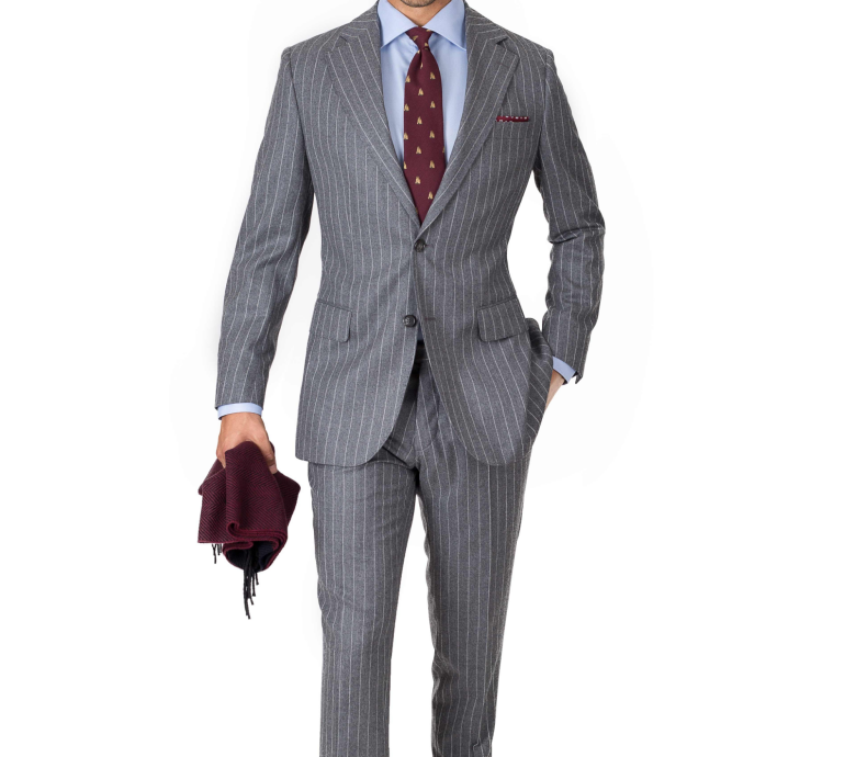 grey chalkstripe wool flannel suit by Oliver Wicks