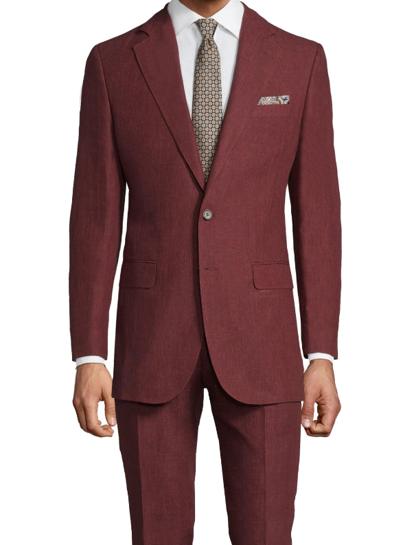 Intense ruby red linen suit by Oliver Wicks