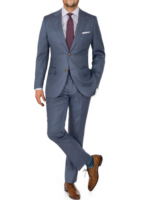 Sky blue wool and silk suit by Oliver Wicks